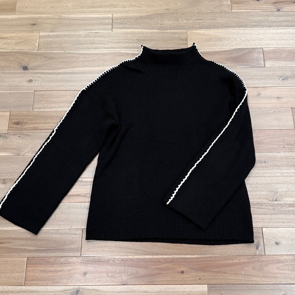 Chic Black Turtleneck Sweater with White Trim 2 for $20